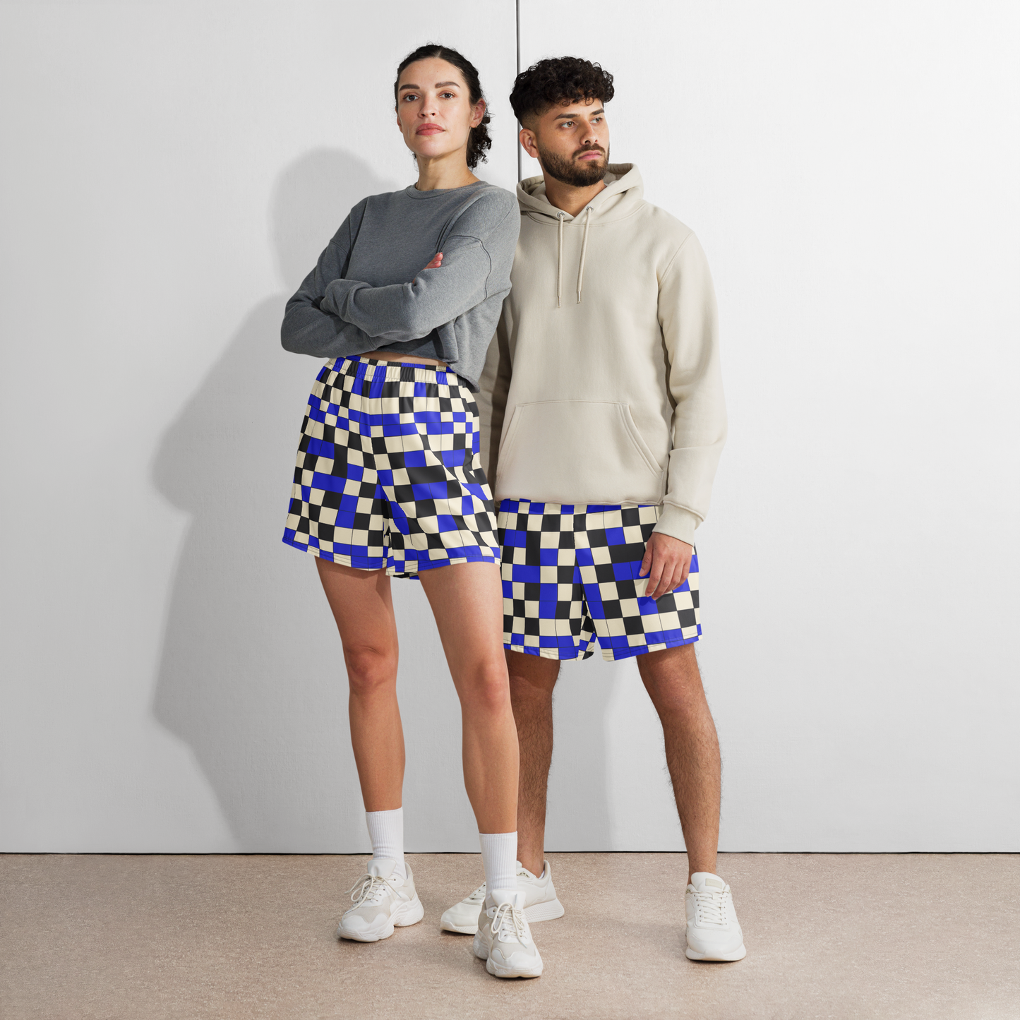 Blue "Checked" Uni-Sex Long Shorts
